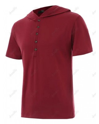 Half Button Short Sleeve Hooded T-shirt Solid Color Casual Tee