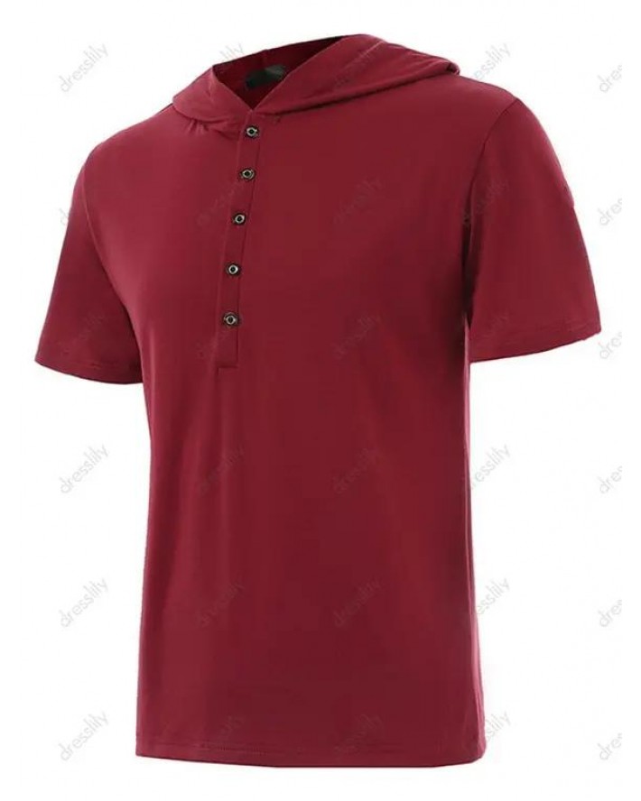 Half Button Short Sleeve Hooded T-shirt Solid Color Casual Tee