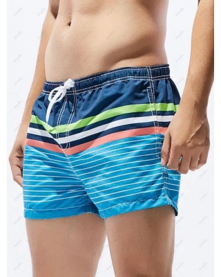 Contrast Colorblock Casual Board Shorts Striped Print Drawstrings Pockets Summer Beach Shorts