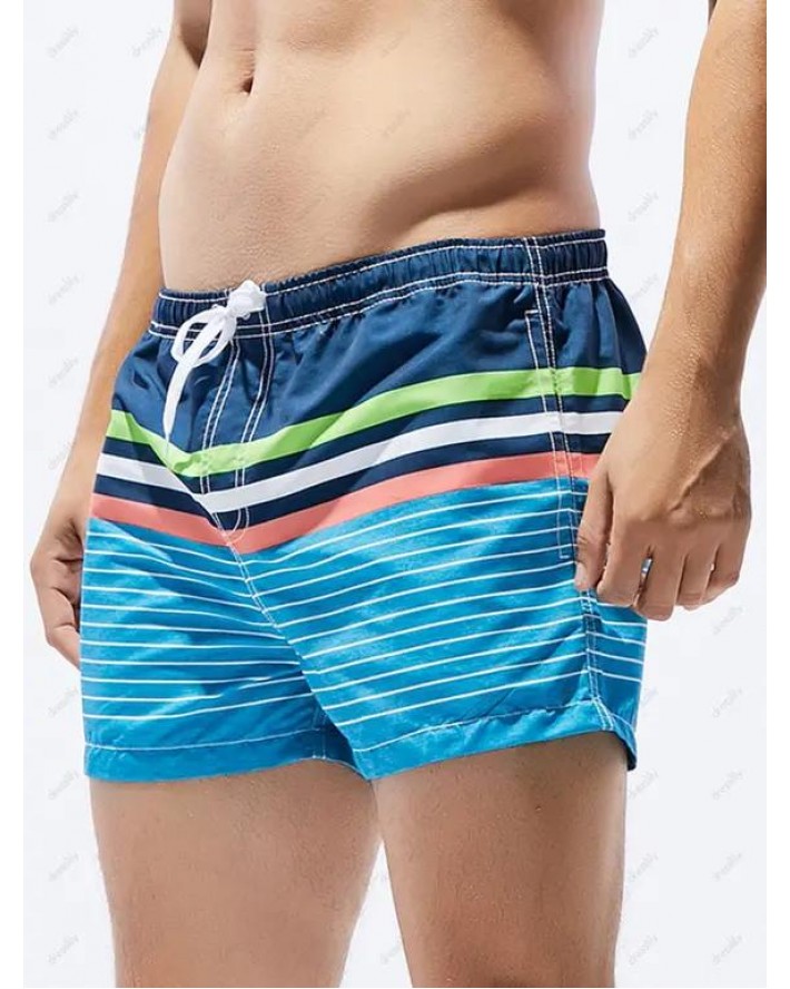 Contrast Colorblock Casual Board Shorts Striped Print Drawstrings Pockets Summer Beach Shorts