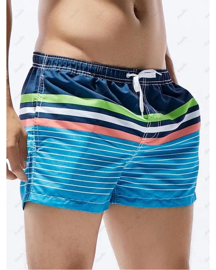 Contrast Colorblock Casual Board Shorts Striped Print Drawstrings Pockets Summer Beach Shorts