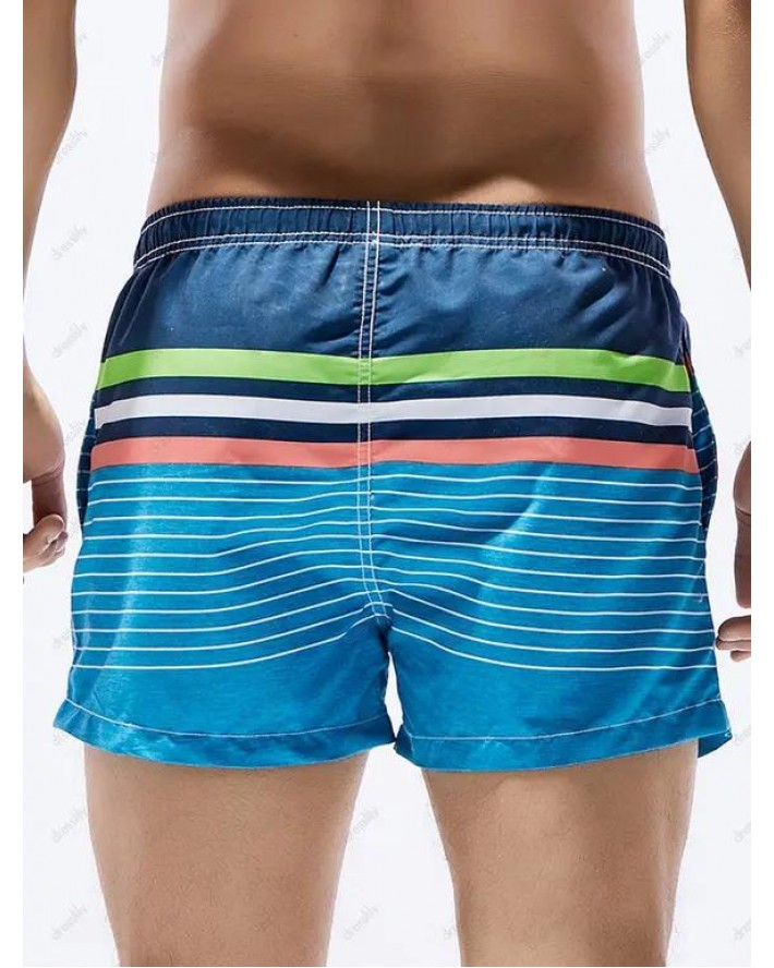 Contrast Colorblock Casual Board Shorts Striped Print Drawstrings Pockets Summer Beach Shorts