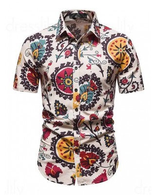 Leaf Flower Allover Printed Shirt Front Pocket Turn Down Collar Vacation Shirt