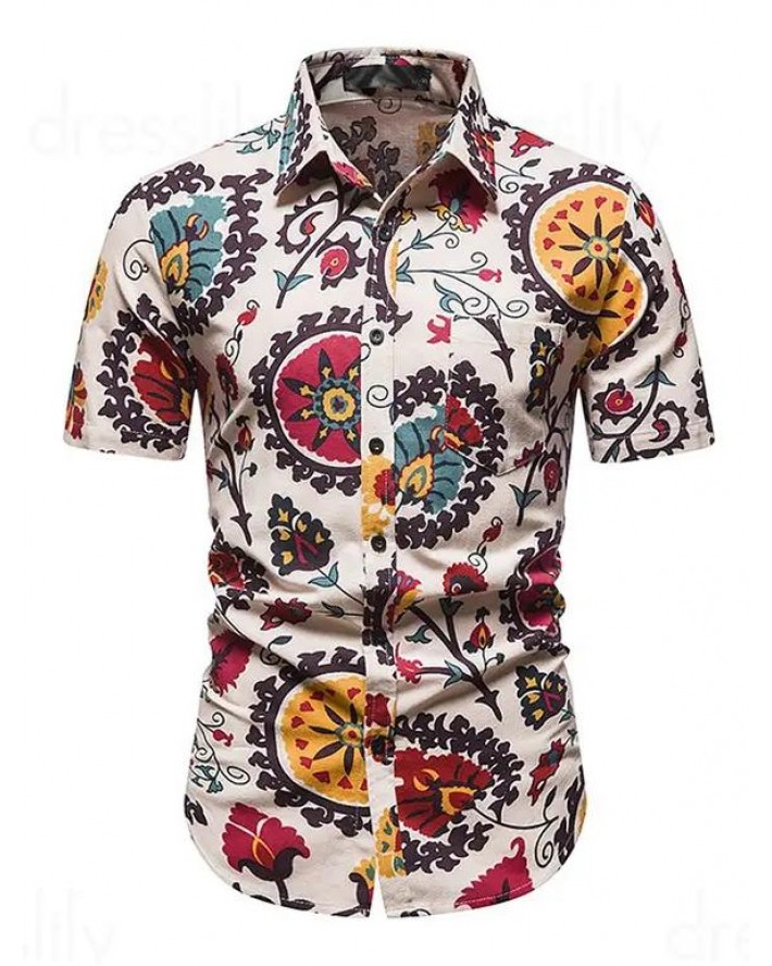Leaf Flower Allover Printed Shirt Front Pocket Turn Down Collar Vacation Shirt