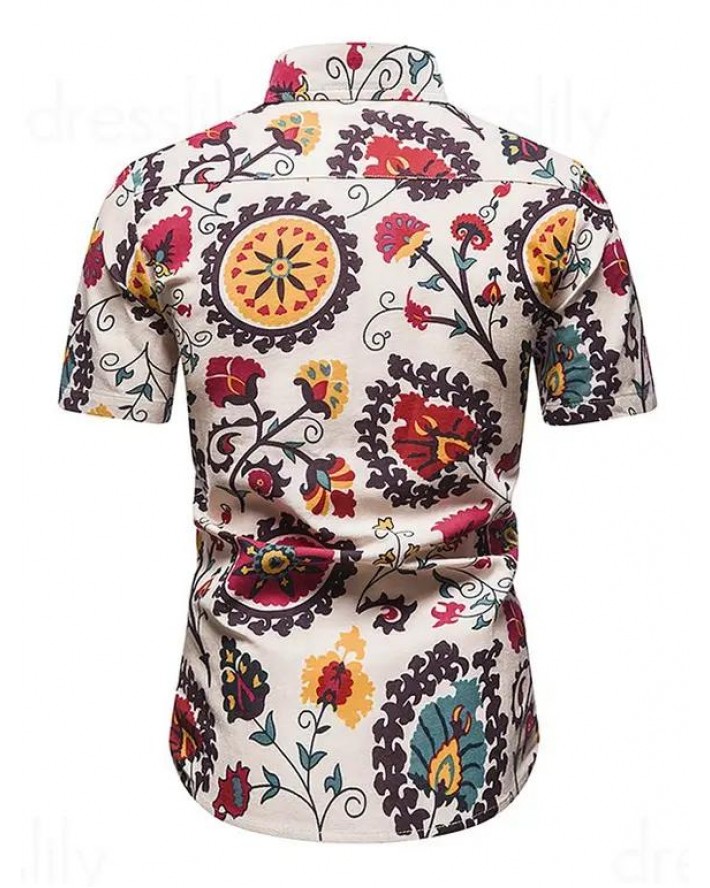 Leaf Flower Allover Printed Shirt Front Pocket Turn Down Collar Vacation Shirt