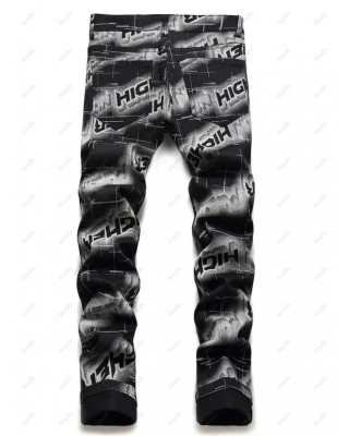 Higher Letter Allover Print Denim Pants Long Straight Zip Fly Casual Jeans