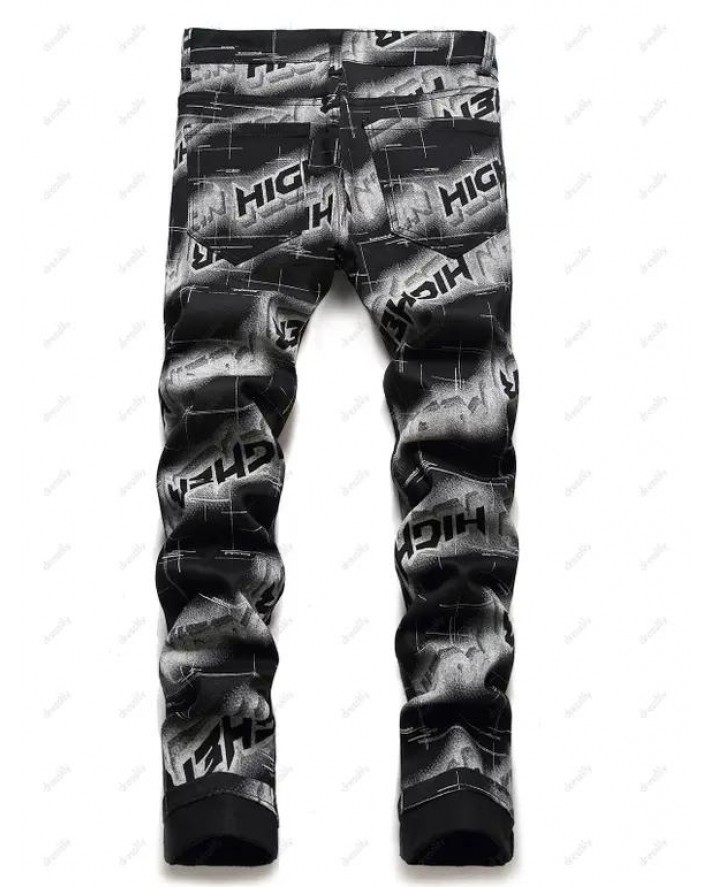 Higher Letter Allover Print Denim Pants Long Straight Zip Fly Casual Jeans