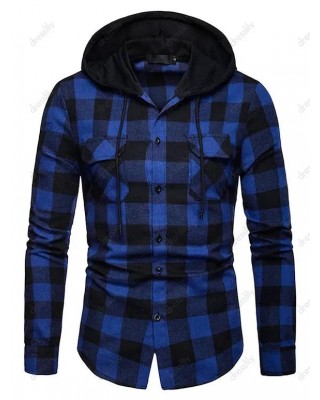 Hooded Shirt Plaid Print Shirt Front Flap Pocket Drawstring Button Up Long Sleeve Shirt