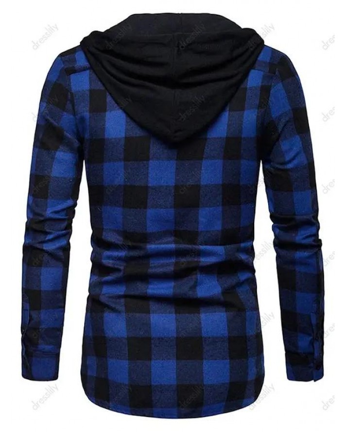 Hooded Shirt Plaid Print Shirt Front Flap Pocket Drawstring Button Up Long Sleeve Shirt