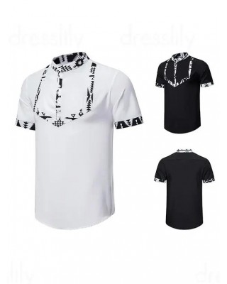Tribal Print Shirt Stand Collar Half Button Short Sleeve Ethnic Style Shirt