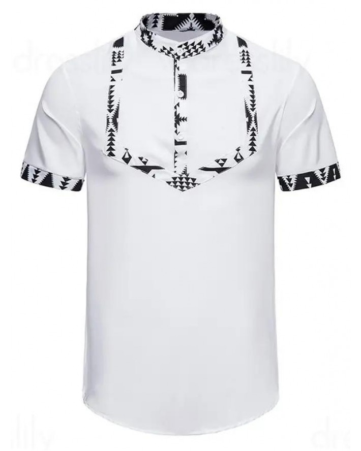 Tribal Print Shirt Stand Collar Half Button Short Sleeve Ethnic Style Shirt