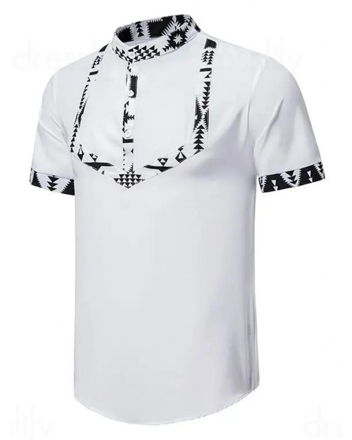 Tribal Print Shirt Stand Collar Half Button Short Sleeve Ethnic Style Shirt