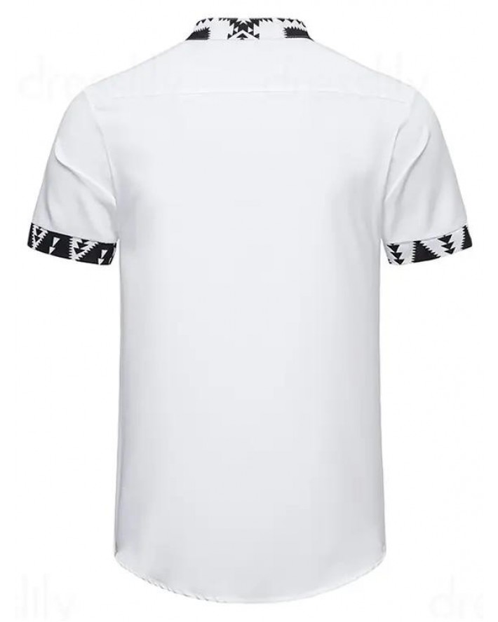 Tribal Print Shirt Stand Collar Half Button Short Sleeve Ethnic Style Shirt