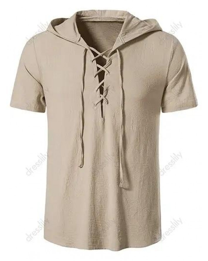 Casual T Shirt Hooded Solid Color Lace Up Short Sleeve Summer T Shirt