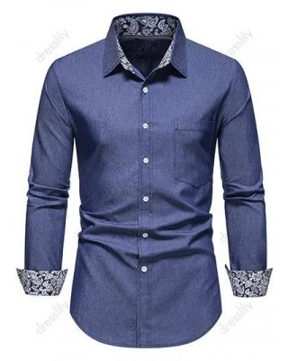 Casual Shirt Paisely Print Insert Chambray Front Pocket Turn Down Collar Long Sleeve Shirt