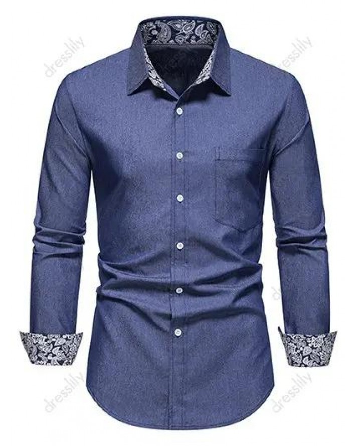 Casual Shirt Paisely Print Insert Chambray Front Pocket Turn Down Collar Long Sleeve Shirt