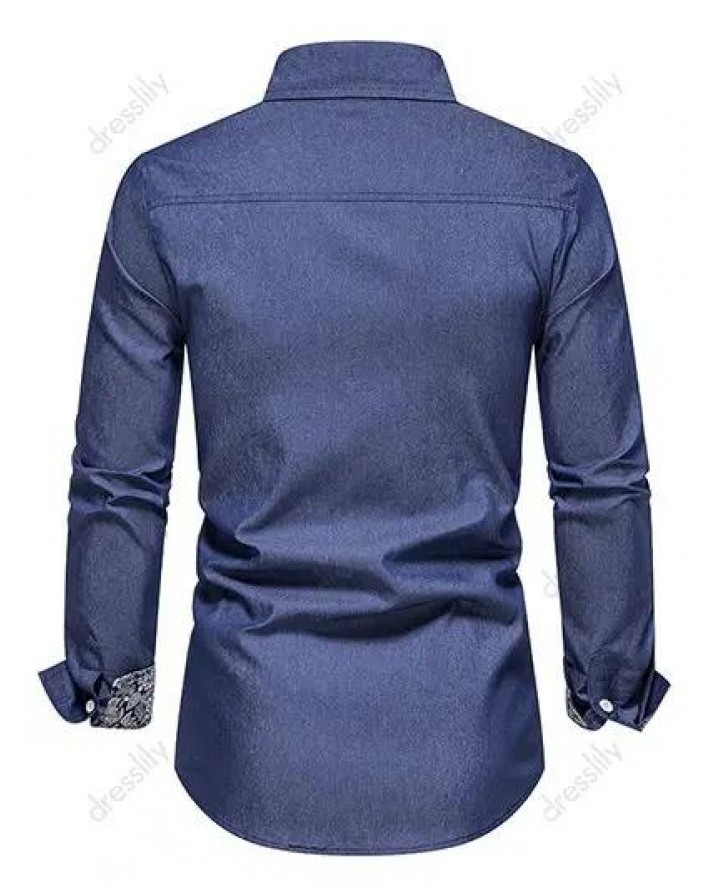 Casual Shirt Paisely Print Insert Chambray Front Pocket Turn Down Collar Long Sleeve Shirt
