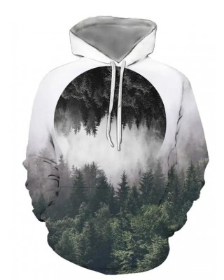 Forest Reflective Landscape Print Casual Hoodie Kangaroo Pocket Drawstring Drop Shoulder Hoodie