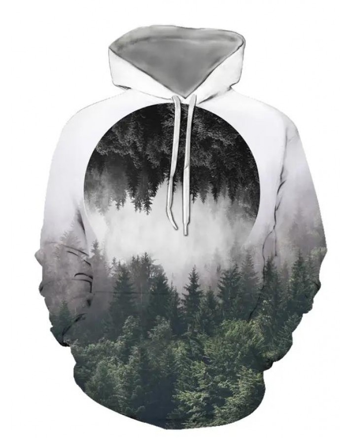 Forest Reflective Landscape Print Casual Hoodie Kangaroo Pocket Drawstring Drop Shoulder Hoodie