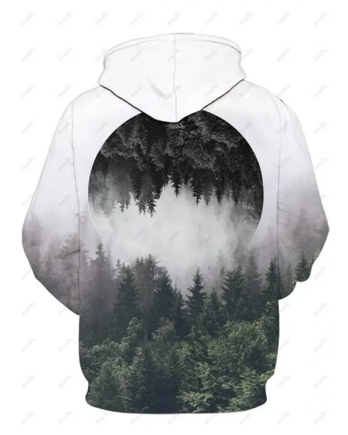 Forest Reflective Landscape Print Casual Hoodie Kangaroo Pocket Drawstring Drop Shoulder Hoodie