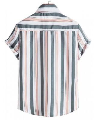Vertical Striped Print Shirt Curved Hem Turn Down Collar Summer Casual Button-up Shirt