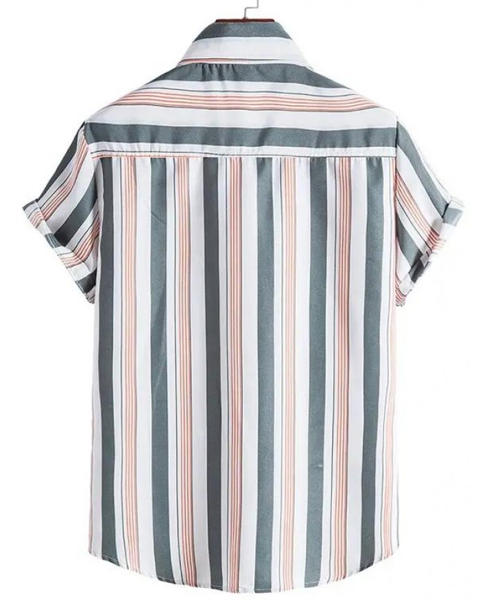 Vertical Striped Print Shirt Curved Hem Turn Down Collar Summer Casual Button-up Shirt