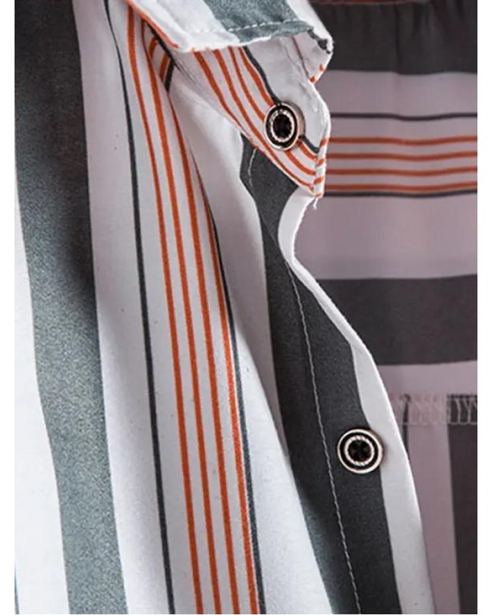 Vertical Striped Print Shirt Curved Hem Turn Down Collar Summer Casual Button-up Shirt
