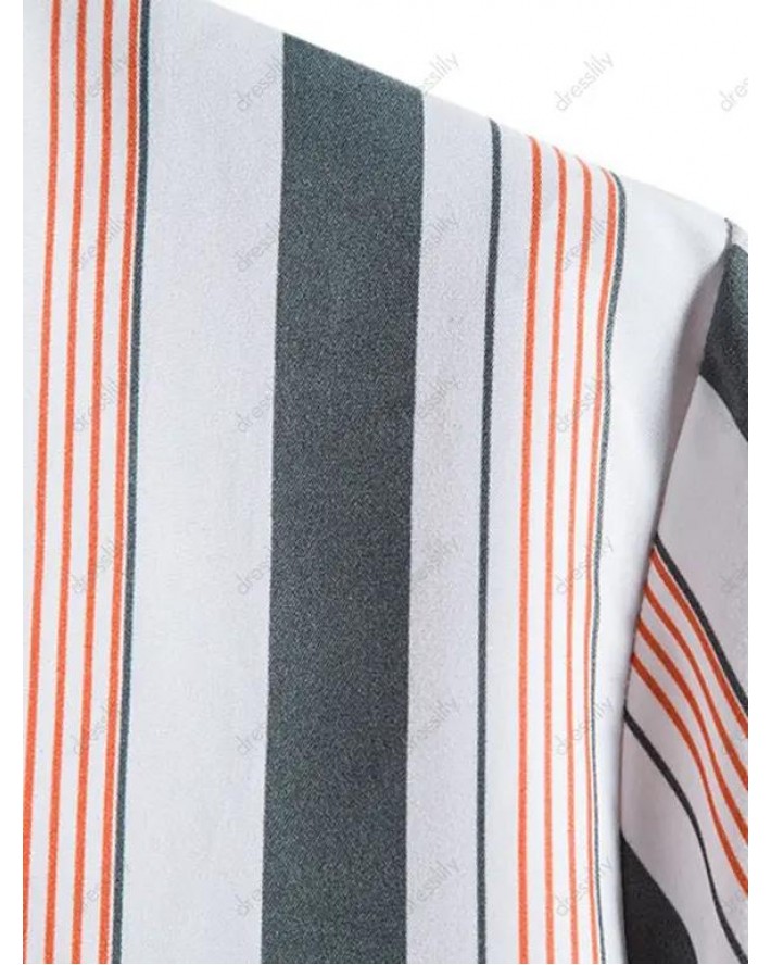 Vertical Striped Print Shirt Curved Hem Turn Down Collar Summer Casual Button-up Shirt