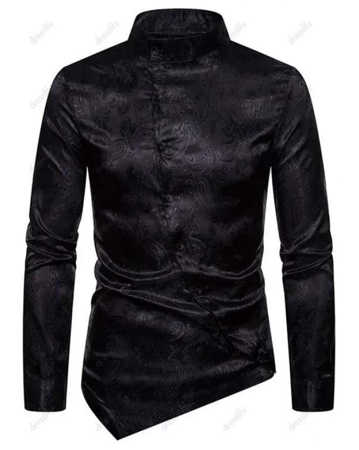 Paisley Print Irregular Button Curved Hem Shirt