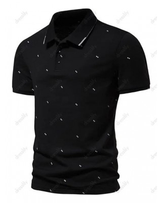 Tiny Print Short Sleeve T-shirt Turndown Collar A Quarter Button Casual Sport Tee