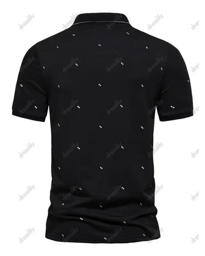 Tiny Print Short Sleeve T-shirt Turndown Collar A Quarter Button Casual Sport Tee