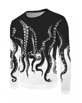 Long Sleeve T Shirt Octopus Print T Shirt Monochrome Round Neck Casual Tee