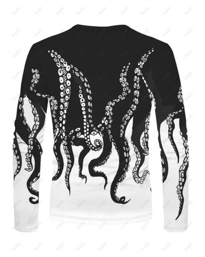 Long Sleeve T Shirt Octopus Print T Shirt Monochrome Round Neck Casual Tee