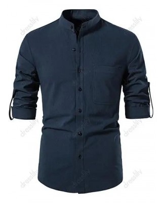 Roll Up Half Sleeve Linen Shirt Pocket Patch Plain Button Up Stand Up Collar Casual Basic Shirt