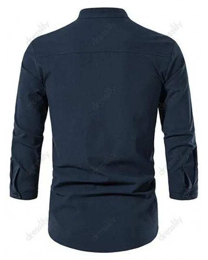 Roll Up Half Sleeve Linen Shirt Pocket Patch Plain Button Up Stand Up Collar Casual Basic Shirt