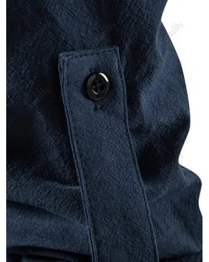Roll Up Half Sleeve Linen Shirt Pocket Patch Plain Button Up Stand Up Collar Casual Basic Shirt