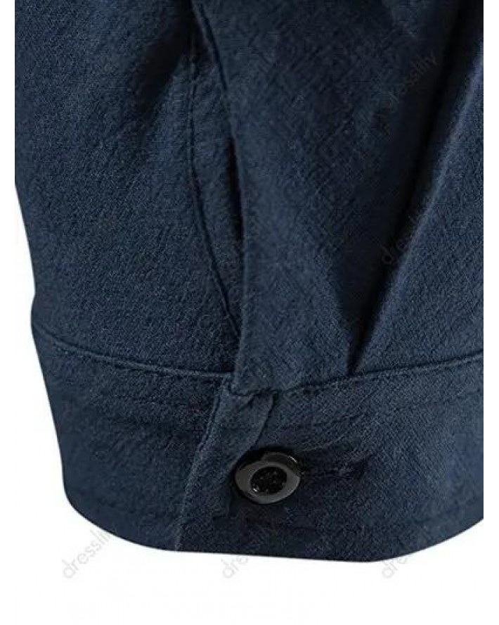 Roll Up Half Sleeve Linen Shirt Pocket Patch Plain Button Up Stand Up Collar Casual Basic Shirt