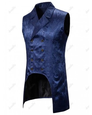Vintage Paisley Flower Pattern Waistcoat Double Breasted Lapel Collar Vest High Low Slit Hem Waistcoat