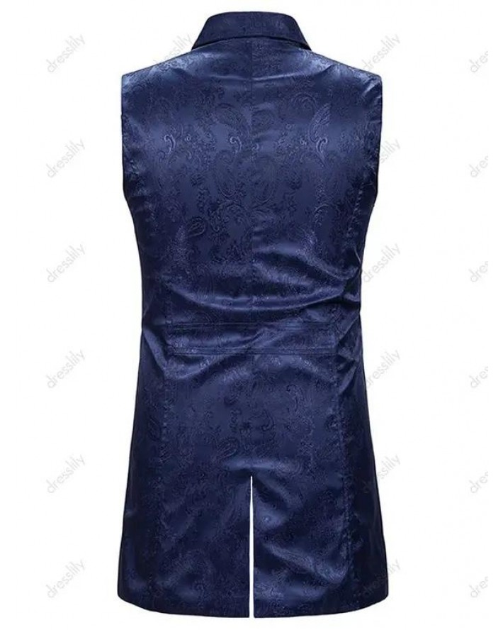Vintage Paisley Flower Pattern Waistcoat Double Breasted Lapel Collar Vest High Low Slit Hem Waistcoat