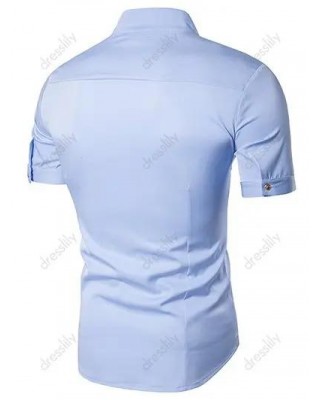 Asymmetric Pointed Hem Shirt Embroidery Oblique Button Closure Short Sleeve Shirt
