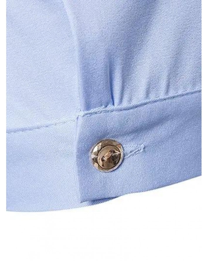 Asymmetric Pointed Hem Shirt Embroidery Oblique Button Closure Short Sleeve Shirt
