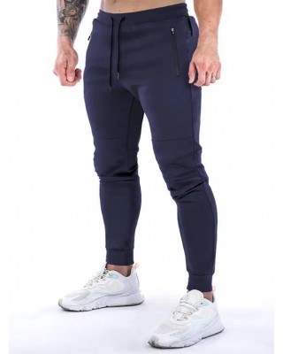 Solid Color Sweatpants Zipper Beam Feet Drawstring Long Casual Sports Jogger Pants