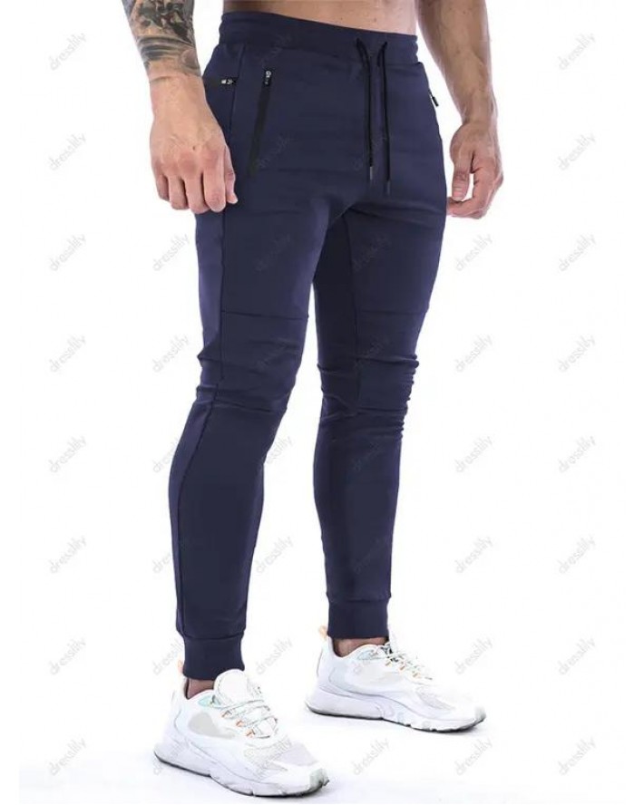 Solid Color Sweatpants Zipper Beam Feet Drawstring Long Casual Sports Jogger Pants