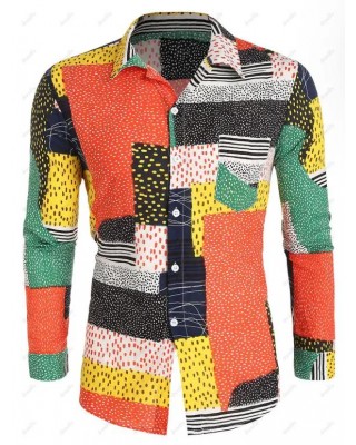 Colorblock Geometric Print Turn Down Collor Long Sleeve Casual Button-up Shirt