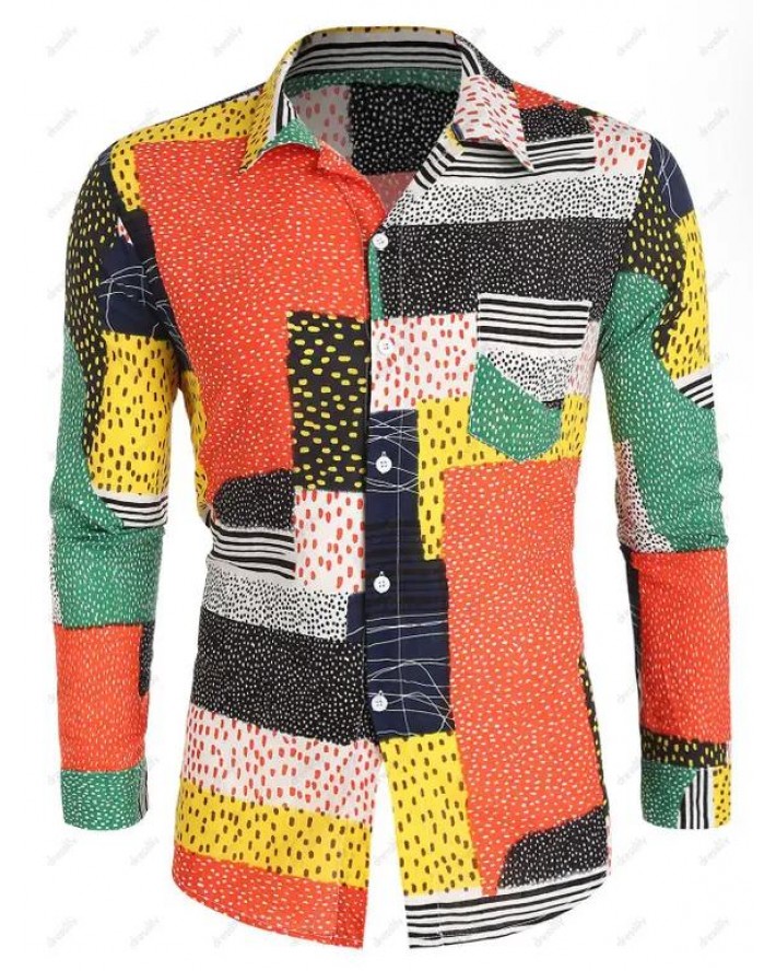 Colorblock Geometric Print Turn Down Collor Long Sleeve Casual Button-up Shirt