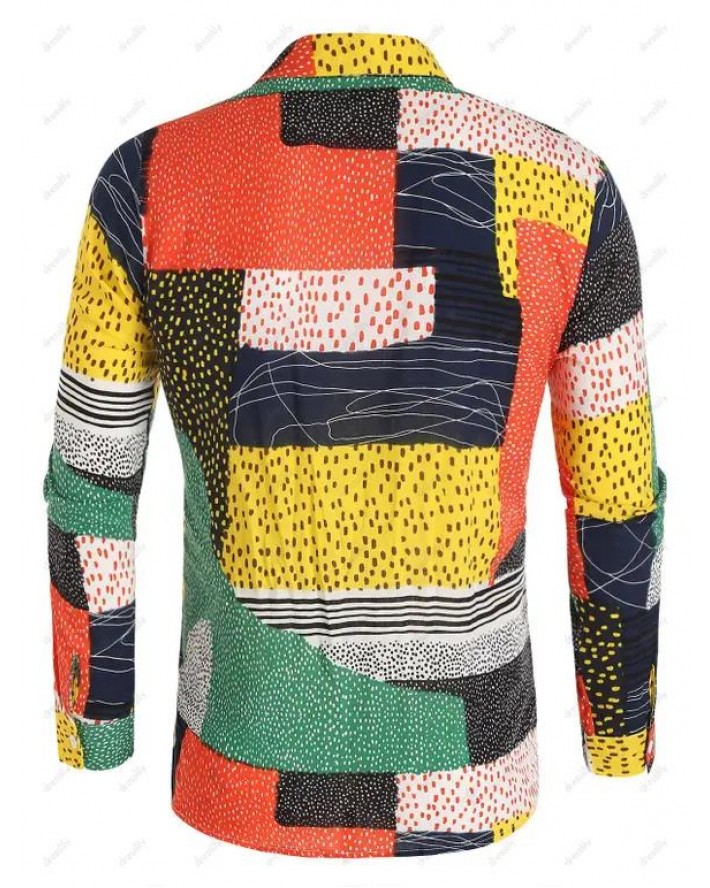 Colorblock Geometric Print Turn Down Collor Long Sleeve Casual Button-up Shirt