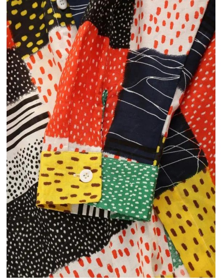 Colorblock Geometric Print Turn Down Collor Long Sleeve Casual Button-up Shirt