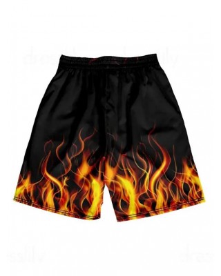 Fire Flame Print Elastic Waist Shorts Drawstring Casual Beach Shorts