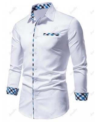 Formal Shirt Plaid Insert Turn Down Collar Mock Pockets Long Sleeves Button-up Shirt