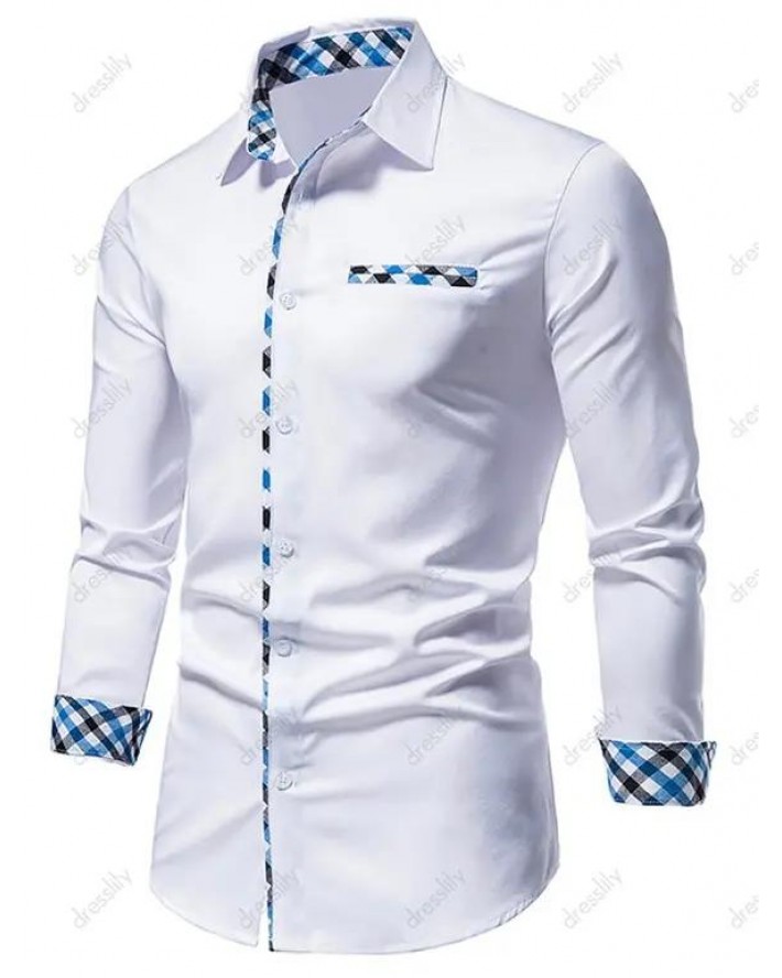 Formal Shirt Plaid Insert Turn Down Collar Mock Pockets Long Sleeves Button-up Shirt